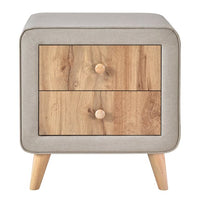 Storage Nightstand with 2 Drawers and 2 Round Handles, Linen Upholstered Wooden Bedside Table with 4 Legs, Storage Nightstand for Bedroom Living Room, Beige