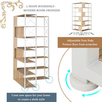 7-Tier Bookcase, L-Shaped Corner Bookcase, Tall Bookshelf with Metal Frame, Industrial Style Shelf with Open Storage, Bookshelf for Home Office Living Room and Bedroom, Oak