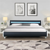 King Size Platform Bed with LED Light Headboard, Faux Leather Upholstered Platform Bed Frame with Curve Design and Wood Slat Support, No Box Spring Needed, Easy Assemble, Black White