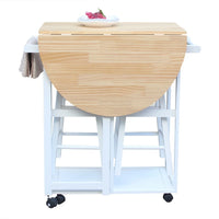 3Pcs Wood Dining Table Set, Rolling Casters Breakfast Cart Set with 1 Side Folding Drop Leaf 2 Drawers Kitchen Island Cart with 2 Stools Space Saving for Kitchen Living Room