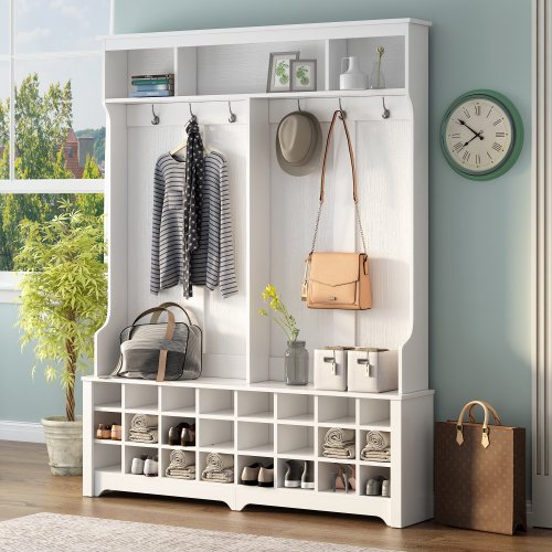 60" Wide Coat Rack with Black Metal Hooks,Hall Tree with Entryway Bench and 24 Shoe Cubbies,Hallway Storage Cabinet for Hallway Living Room Bedroom
