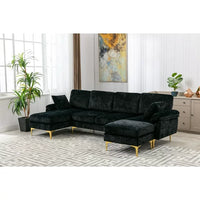 Convertible L-Shaped Sectional Sofa with Movable Ottoman, Upholstered Accent Sofa with 2 Pillows and Golden Metal Legs, Modular Sectional Couch Sets for Living Room Office Apartment, Black