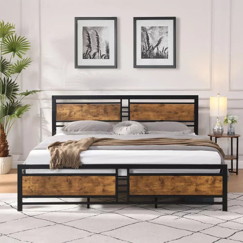 Metal Platform Bed,King Size Platform Bed Frame with Wood Headboard & Footboard,Heavy Duty Platform Bed with Metal Slat Support and Underbed Storage for Bedroom,No Box Spring Needed,Rustic Brown