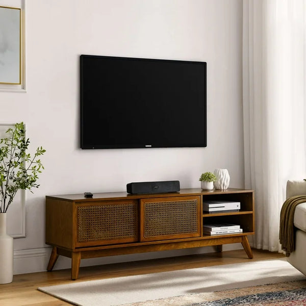 59" Mid Century Modern TV Stand for 65 Inch TV,Entertainment Center with Solid Wood Feet,1 Cord Holes and Rattan Doors,TV Stabd Media Console for Living Room Bedroom,Brown Ebony