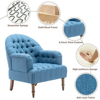 Accent Chair with Ottoman Set,Button-Tufted Upholstered Chair Set,Mid-Century Sofa Chair Reading Chair with Solid Wood Legs,Linen Fabric Arm Chair Single Sofa Chair for Living Room Bedroom,Blue