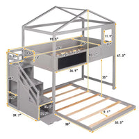 L-Shaped Bunk Beds with Stairs, Twin over Full Floor House Bunk Bed with Full-Length Guardrail & Roof & Blackboard Wood, Space-Saving Loft Bed for Kids Girls Boys, No Box Spring Needed, Gray