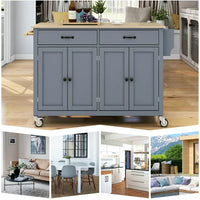 Kitchen Island Cart Kitchen Island on Wheels with Spice Rack, Towel Rack and 2 Drawers, Rolling Mobile Kitchen Island with 4 Door Storage Cabinets and Solid Wood Top, Gray