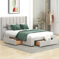 Full Size Platform Bed with Storage, Upholstered Linen Platform Bed Frame with 3 Drawers, Solid Wood Platform Bed with Sturdy Slats Support, Noise Free/No Box Spring Needed/Easy Assembly, Beige