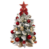Pre-Lit Mini Christmas Tree 24'' Tabletop Christmas Tree with LED Lights and Hanging Ornaments Small Flocked Snow Xmas Tree for Table Top Home Office Holiday Decoration, Red