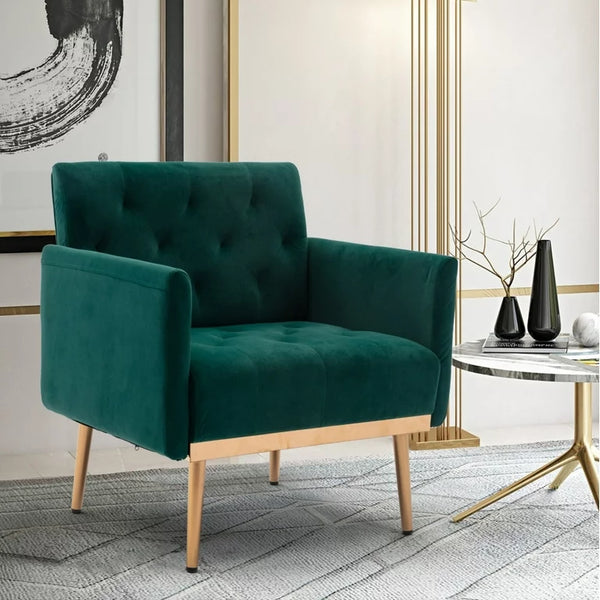 Accent Chair, Modern Velvet Tufted Upholstered Single Sofa Chair with Thick Cushion and Rose Golden Metal Feet, Comfy Leisure Lounge Armchair Reading Chair for Living Room Bedroom Office, Green