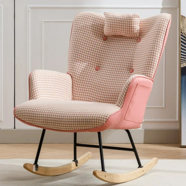 Cotton Linen Fabric Nursery Rocking Armchair with Head Pillow, Houndstooth Glider Rocker with Solid Wood Base for Living Room, Bedroom, Baby Room, Pink