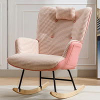 Cotton Linen Fabric Nursery Rocking Armchair with Head Pillow, Houndstooth Glider Rocker with Solid Wood Base for Living Room, Bedroom, Baby Room, Pink