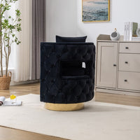 25.2'' Wide Swivel Accent Barrel Chair with Pillow, Curved Tufted Back Upholstered Armchair with Gold Metal Base, Modern Vanity Stool, For Living Room, Bedroom, Hotel, Black