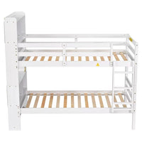 Twin over Twin Bunk Beds with Bookcase Headboard, Solid Wood Low Bunk Bed Frame with Ladder and Full-length Guardrails, Bunk Bed Convertible to 2 Seperate Twin Beds, Mattress Not Included, White