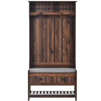 Hall Tree with 2 Drawers and 2 Shelves, 69" Hall Tree with 4 Hooks and Hinged Lid, Entryway Wooden Coat Rack Shoe Bench with Bottom Shelf for Living Room Entrance Hallway, Tiger