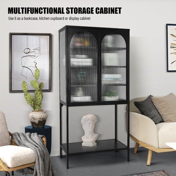 Sideboard Buffet, Fluted Glass Cabinet with Adjustable Shelves and Open Bottom Shelf, Kitchen Cupboard Storage Cabinet with 2 Glass Doors, Tall Freestanding Display Cabinet for Living Room, Black