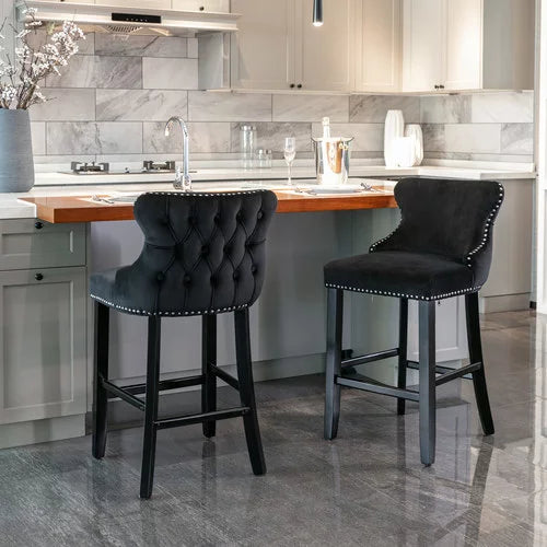 Counter Height Bar Stools Set of 2, Velvet Upholstered Barstools with Solid Wood Legs, Button Tufted and Nailheads Trim, Wing-Back Bar Chairs for Kitchen Island Dining Room Pub, Black