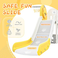 4 in 1 Toddler Slide and Climb Set, Kids Playground Climber Slide Playset with Basketball Hoop, Climb Stairs and Toy Storage Space Freestanding Play Combination for Babies Indoor & Outdoor, Yellow
