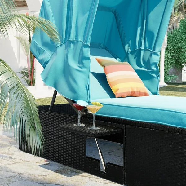 Patio Chaise Lounge with Retractable CanopyOutdoor Reclining Chair with Adjustable Backrest, Rattan Wicker Daybed with Coffee Table,Sun Lounger for Beach Poolside Backyard Balcony Porch