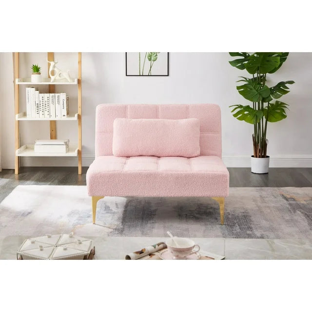 35.5 Inch L Modern Teddy Convertible Single Futon Sofa Bed with 1 Pillow, Multifunctional Armless Futon Chair with Metal Legs, Comfy Sofa Chair for Living Room, Office, Studio, Apartment, Pink