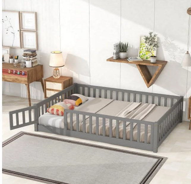Full Floor Bed Frame for Toddler, Montessori Floor Bed with Fence and Wood Slats, Low Wood Platform Beds for Girls Boys Kids Happy Time, Gray