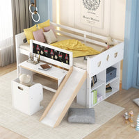 Low Loft Bed with Slide and Removable Desk, Twin Size Loft Bed Frame with Blackboard, Cabinets and Chair, Wooden Twin Kids Bed Frame for Boys Girls, No Box Spring Needed (White)