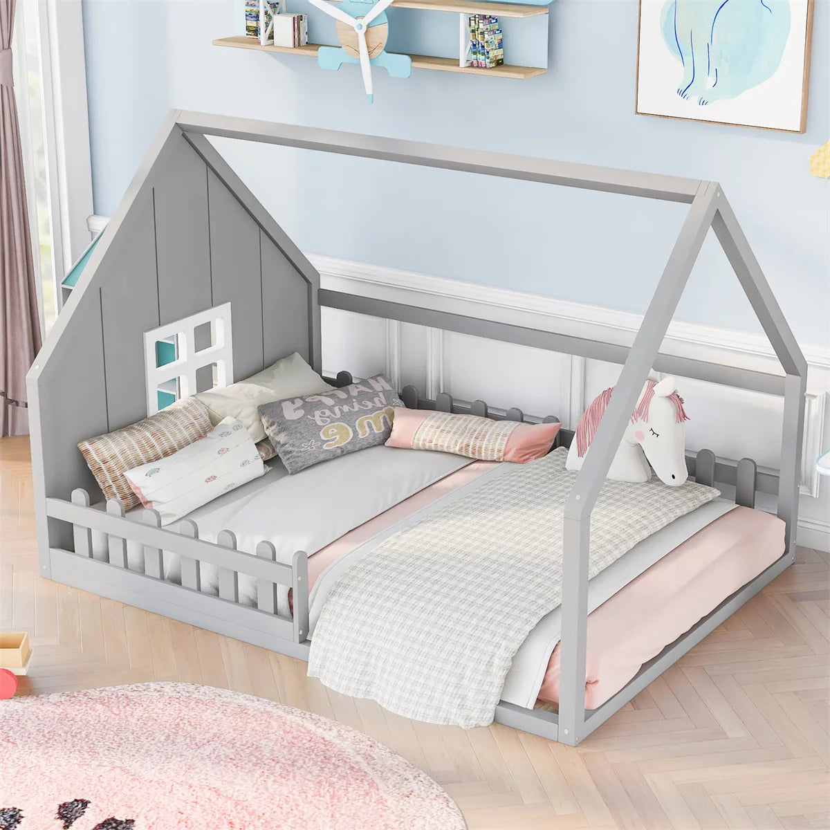 Full Size House Bed for Kids,Wood Montessori Floor Bed with Fence and Window Design,Full Bed Frame with Rails for Girls Boys,Wood Slat Support,No Box Spring Needed,Easy Assembly,Gray