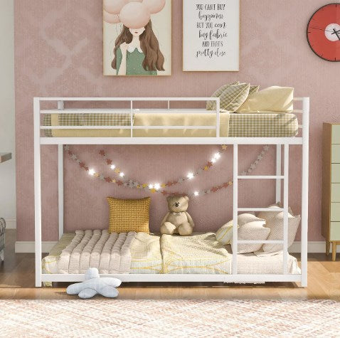 Full over Full Low Bunk Bed for Kids Teens Adults, Metal Bunk Bed Frame with Ladder and Safety Guardrails, Load-Bearing 350lb, Noise Free, White 77.1''Lx55.9''Wx53.7''H