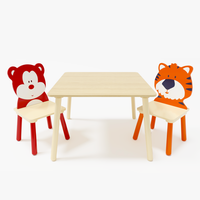 Kids Table and 2 Chairs Set with Cartoon Animal Decoration, 3 Pieces Wooden Toddler Table and Chair Set, Activity Play Table Set for Boys, Girls Arts Reading Writing Age 3 Years+, Bear&Tiger