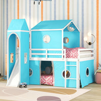Full Size House Bunk Bed with Slide and Tent, Wood Bunk Bed Frame with Tower and Roof, Castle-Shaped Bunk Bed for Kids Boys Girls Bedroom
