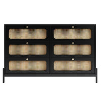 Rattan 6 Drawer Dresser, Modern Wood Dresser for Bedroom with Wide Drawers and Metal Handles and Legs, Storage Chest of Drawers for Bedroom Living Room Hallway Entryway, Black