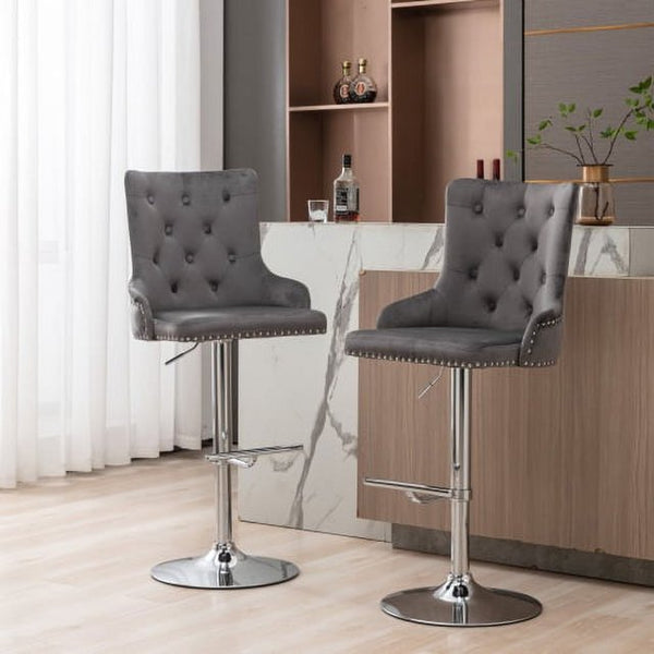 Swivel Bar Stools Set of 2 Adjustable Bar Chair with Back Velvet Tufted Counter Stool Modern Upholstered Kitchen Stool with Nailhead for Kitchen Island Restaurant Pub Counter (Gray)