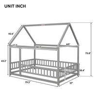 Full Size Floor Bed with Fence Guardrails for Kids, Montessori Bed Playhouse Bed with Roof, Full Platform Bed Frame for Boys and Girls, No Slats Included (Gray, Full Size)