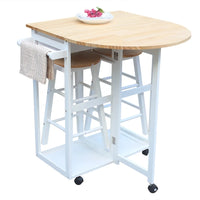 3Pcs Wood Dining Table Set, Rolling Casters Breakfast Cart Set with 1 Side Folding Drop Leaf 2 Drawers Kitchen Island Cart with 2 Stools Space Saving for Kitchen Living Room