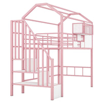 Full Size Loft Bed with Storage Stairs, Metal Loft Bed with A Storage Box and Safety Guardrail, House Bed with Roof Design for Kids Teens Adults Bedroom, No Box Spring Needed, Pink