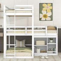 L-Shaped Triple Bunk Bed for 3, Twin Size Bunk Bed with Storage Cabinet and Blackboard Wood Corner Bunk Bed Frame with Full-Length Guardrails and Ladder 3 Bed in 1 for Kids No Box Spring Needed, White