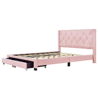 Queen Size Storage Bed, Linen Upholstered Platform Queen Bed Frame with Button Riveted Headboard and 2 Drawers, Queen Platform Bed No Box Spring Required, Pink