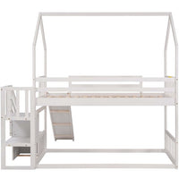 Twin Over Twin Bunk Bed with Convertible Slide,Solid Wood Bunk Bed Frame with Storage Staircase,Playhouse Design Bunk Bed for Boys and Girls,Easy Assembly,White