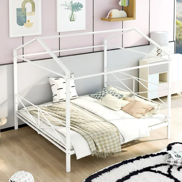 Queen Size House Bed for Kids Boys Girls, Metal Montessori Bed Frame with Headboard and Footboard, Easy Assembly, White