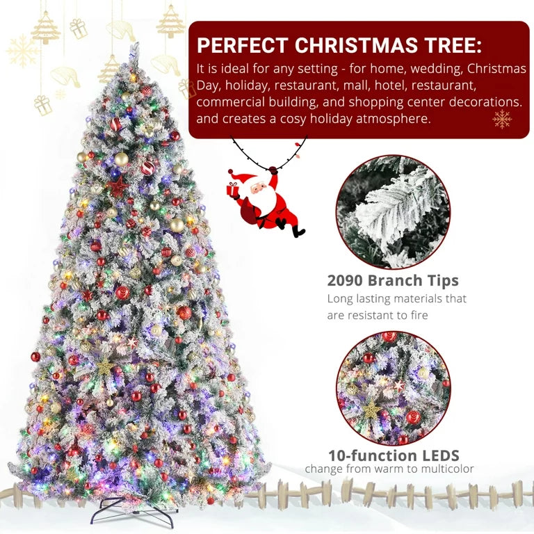 9ft Pre-Lit Christmas Tree, Artificial Snow Flocked Pine Tree with 900 Lights Warm Color 4 Colors 8 Modes, 2094 Branch Tips, Hinged Full Xmas Tree Foldable Metal Stand, for Indoor Home Office Decor