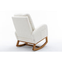 Rocking Chair with High Backrest and Armrests, Teddy Upholstered Nursery Living Room Glider Rocker Chair with Side Pockets, Modern Wooden Lounge Accent Armchair for Home Bedroom Office Porch, White