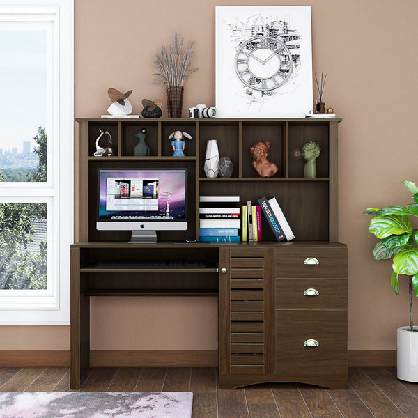 Desktop Computer Desk with Hutch, Bookshelf, Storage, Drawer, Home Office Writing Table, Student Study Laptop Tables Workstation, Wood Desk Bookcase Combination, for Small Space, Walnut