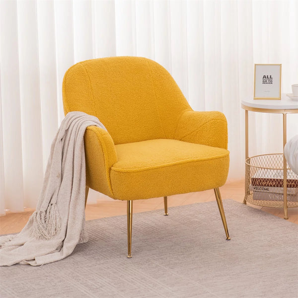 TRIPLE TREE Modern Soft Teddy Fabric Ivory Ergonomics Accent Chair, Comfy Fluffy Armchair, Vanity Chair with Gold Legs and Adjustable Legs for Indoor Home Living Room Bedroom, Yellow