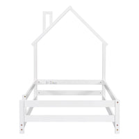 Twin Floor Bed for Kids Toddlers, Wooden Montessori Bed Frame with House-shaped Headboard and Fence Guardrails, Playhouse Bed Tent Bed for Boys Girls Bedroom, Easy Assembly, White