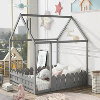 Full Size House Bed for Kids Boys Girls, Wood Floor Bed Frame with Roof and Fence, Box Spring Needed, Gray 78''L x 56.4''W x 68.6''H