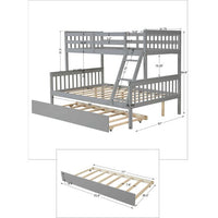 Detachable Twin over Full Bunk Bed with Trundle, Triple Kids Bunk Beds, Pull-out Combination Bed with Casters, Wooden Bed Frame for Kids Adults, Convertible to 2 Platform Beds with Guardrails, Gray
