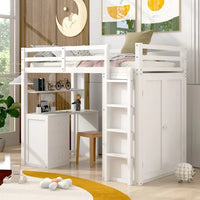 Twin Size Loft Bed with Desk and Wardrobe, Wood Loft Bed Frame with Storage Drawers and Full-Length Guardrails, High Loft Bed for Kids Teens Boys and Girls (White)