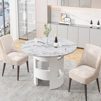 42.12" Dining Table, Modern Round Kitchen Table with Printed Marble Table Top and Cylindrical Table Leg, Mid Century Dining Room Table with MDF Base for Living Room Dining Room Kitchen, White