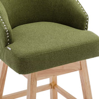 Swivel Bar Stools Set of 2, Linen Fabric Upholstered Counter Height Bar Chairs with Nailheads Trim and Footrest, Bar Chairs with Solid Wood Legs for Kitchen Island Dining Room Pub Cafe, Olive Green