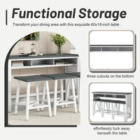 Dining Table Set for 3, Farmhouse Counter Height 4-Piece Dining Table Set with Functional Storage, 60" Console Kitchen Table Set with 3 Stools for Small Places Dining Room,White+Gray